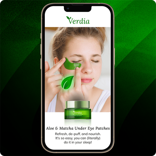 Smartphone displaying a Verdia skincare ad featuring a green jar labeled “Aloe & Matcha Under Eye Patches” with text promoting benefits like refreshing, de-puffing, and nourishing, set against a green striped background.