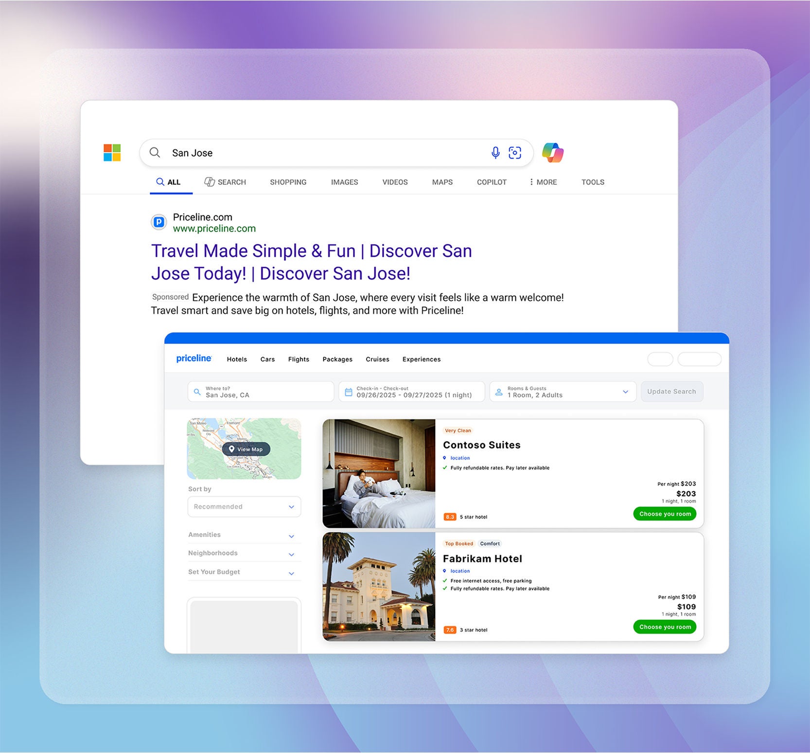 Search results page for ‘San Jose’ showing a Priceline ad with the headline ‘Travel Made Simple & Fun | Discover San Jose Today!’ and a hotel booking interface featuring Contoso Suites and Fabrikam Hotel with prices and images.