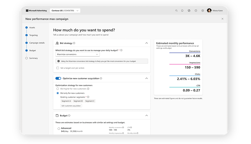 a screenshot of the Microsoft Advertising workflow with the option to optimize for new customer acquisition toggled on
