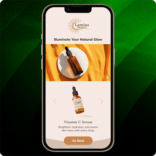Smartphone displaying a Lumina Beauty ad with the headline “Illuminate Your Natural Glow,” featuring an amber dropper bottle on an orange fabric background and a product description for Vitamin C Serum with a “Go Back” button at the bottom.