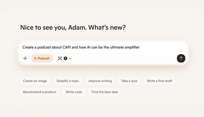 Copilot prompt creating a CAPI and AI podcast.
