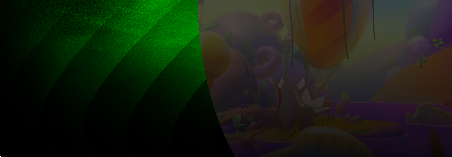 Grüner Farbverlauf mit geschwungener Kante, die den Blick auf eine farbenfrohe, von Süßigkeiten inspirierte Landschaft mit übergroßen Ballons, abgerundeten Hügeln und einem violetten Fluss freigibt.