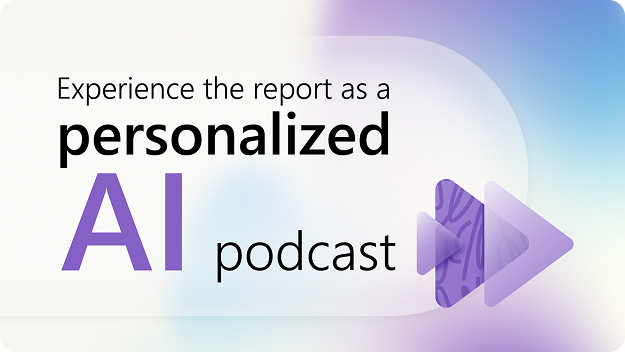 Text reading “Experience the report as a personalized AI podcast” displayed beside a stylized purple play‑button graphic on a soft gradient background.