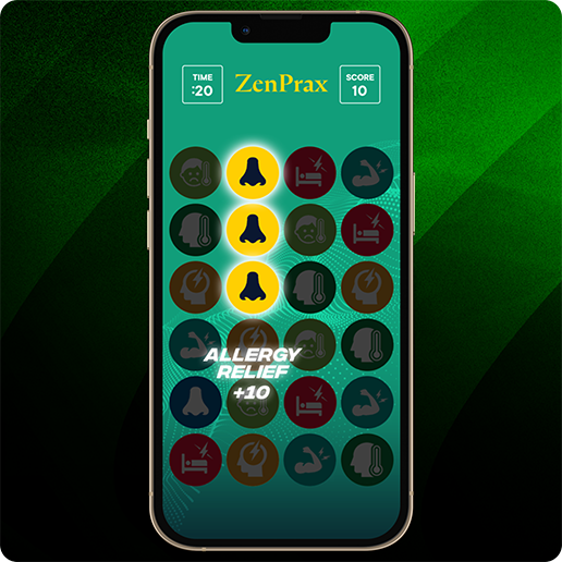 Smartphone displaying a match-3 style game with a green background, featuring circular icons of noses, heads, and other health-related symbols. Three nose icons are highlighted in yellow with text reading “ALLERGY RELIEF +10,” and the top shows a timer and score alongside the ZenPrax logo. 