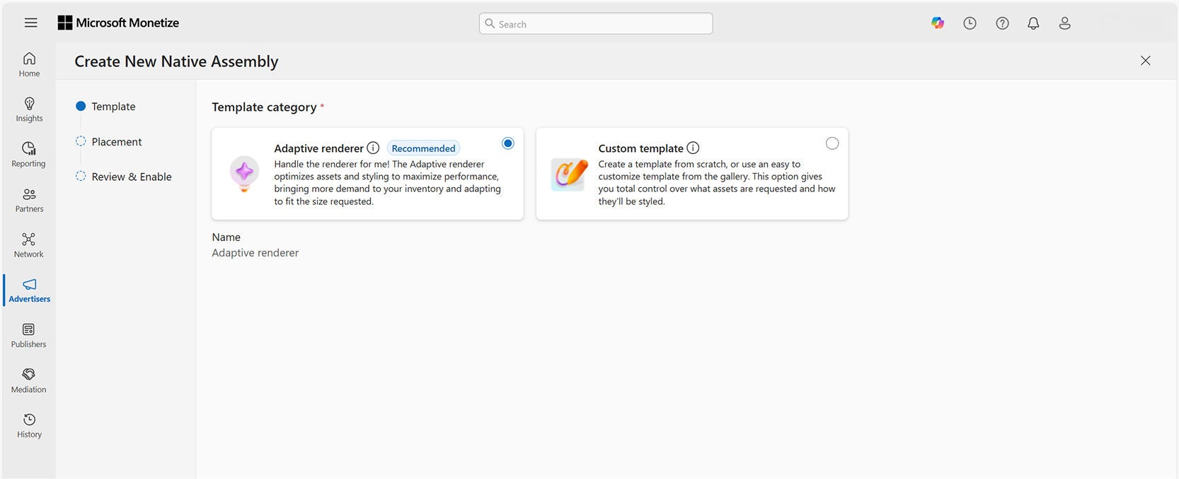 Screenshot of the Create New Native Assembly page. Shows the option to select the adaptive renderer or custom template.