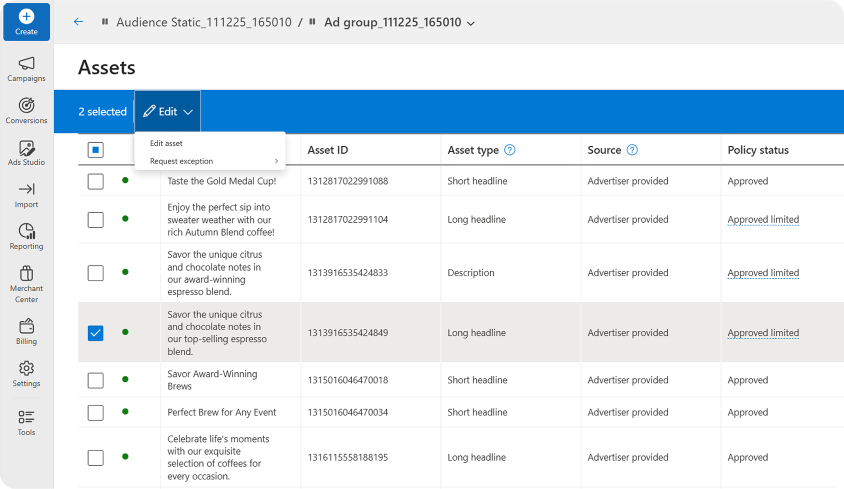 A screenshot of the assets page where you can review disapproved assets in bulk