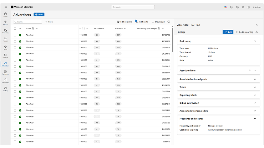 A web dashboard shows a list of advertisers in Microsoft Monetize, with rows of accounts, IDs, orders, line items, and recent revenue, alongside a settings panel for a selected advertiser.