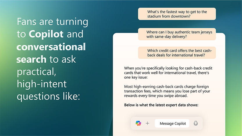 Illustration representing the types of questions fans will ask in conversational search to get instant, personalized tournament planning and purchasing information without clicking through traditional search results.