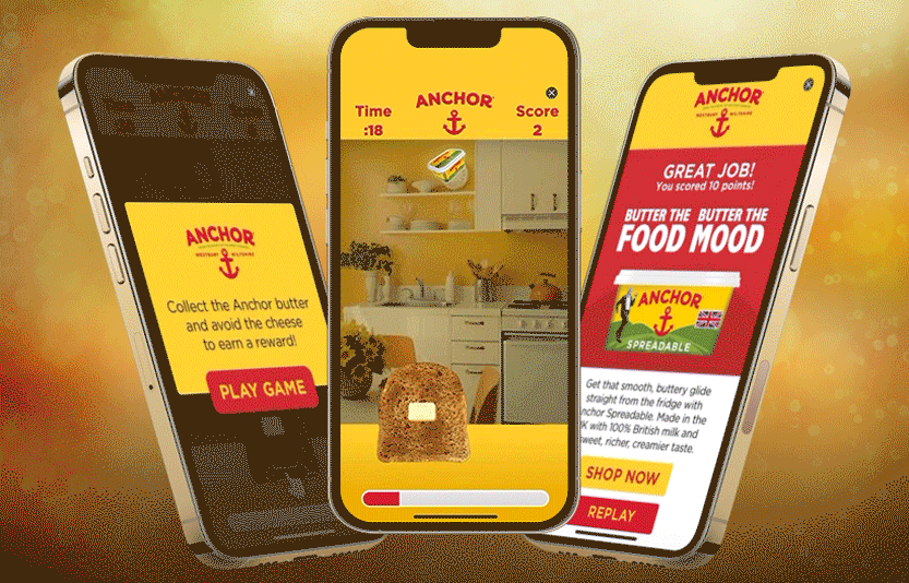 Moving mobile playable ad for Anchor butter shown across three smartphone screens