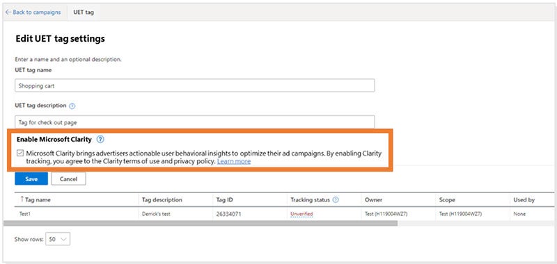 Product view of Microsoft Advertising under Edit UET tag settings.