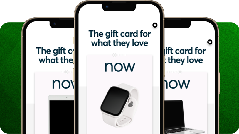 Three smartphones side by side showing Sugarlemon ads with the headline “The gift card for what they love,” each featuring different product images including a white smartwatch, set against a green striped background. 