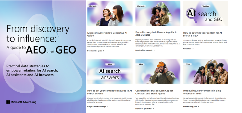 AEO Guide Cover + Snapshot: Screenshots showcasing Microsoft Advertising's playbook on AI search and GEO