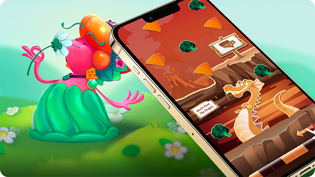 A mobile game scene featuring a pink cartoon character in a green dress on the left and a phone screen on the right showing a level with a dragon, broccoli, and triangular chips.