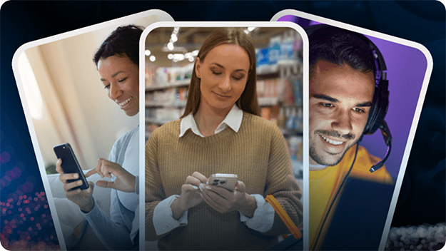 A collage of three people holding smartphones or wearing headsets, each framed in separate panels, against a blurred background.