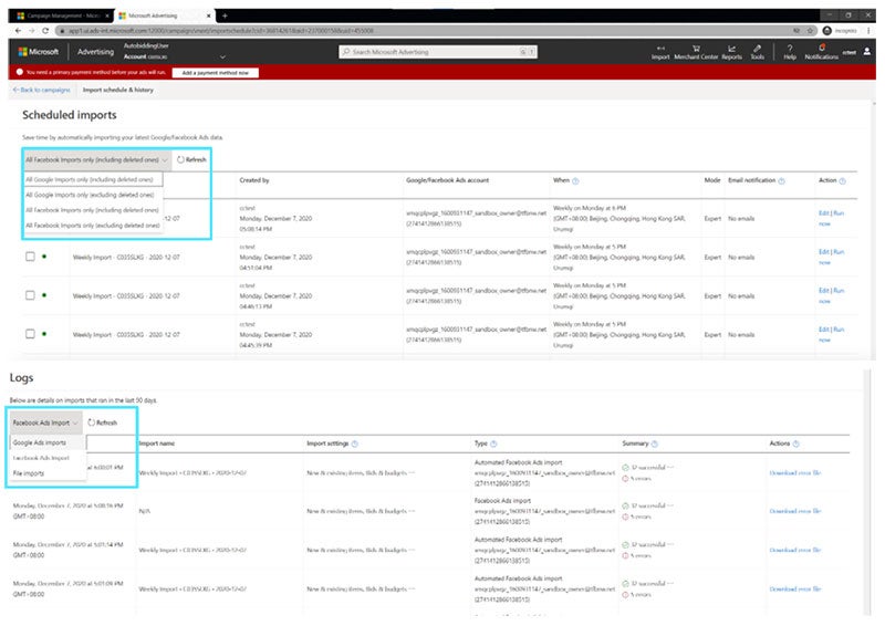 Product view of the Scheduled Imports and Logs windows.