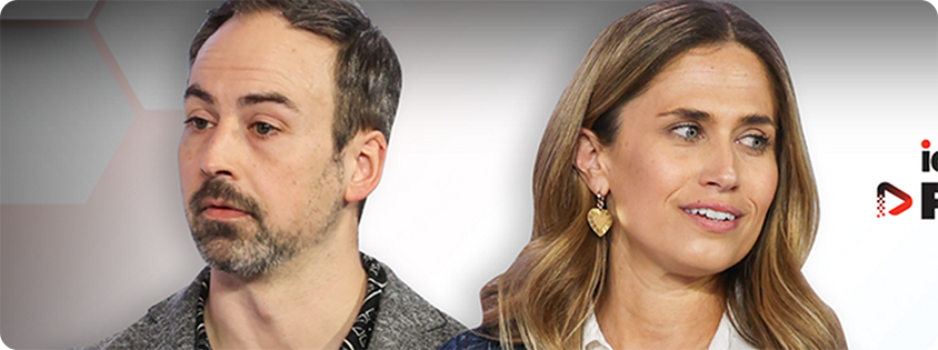 Jonathan Stringfield and Kelly Drake shown side by side in a studio setting, each speaking on camera during the event.