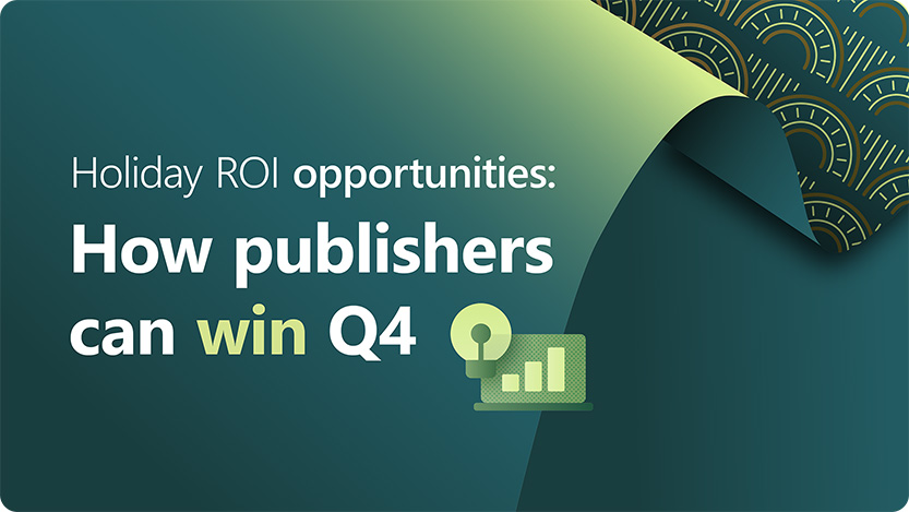 Graphic with gradient blue-green background showing the headline ‘Holiday ROI opportunities: How publishers can win Q4,’ with a folded corner revealing a decorative pattern and a small chart icon.