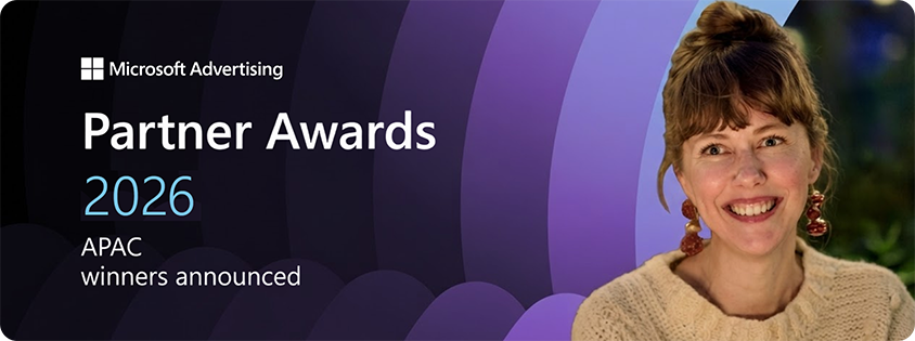 Microsoft Advertising Partner Awards 2026 graphic announcing APAC winners, with purple curved design elements and a seated person on the right.