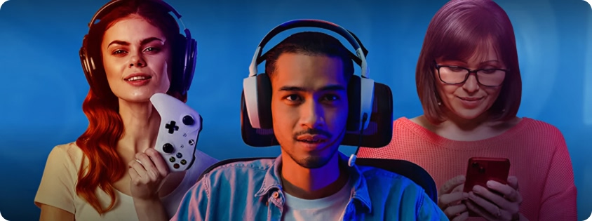 Three players shown gaming on different platforms: console, PC, and mobile 