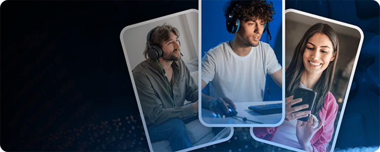 Collage of three players: one using a console, one on PC, and one on mobile