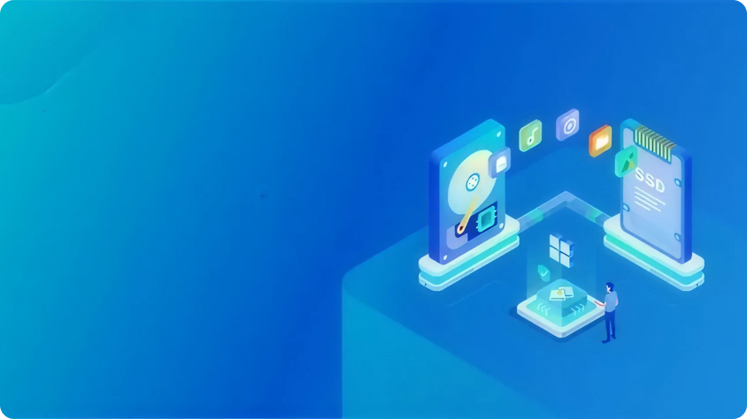 A person stands on a digital platform with icons for data recovery, storage, and SSD, set against a blue tech background.